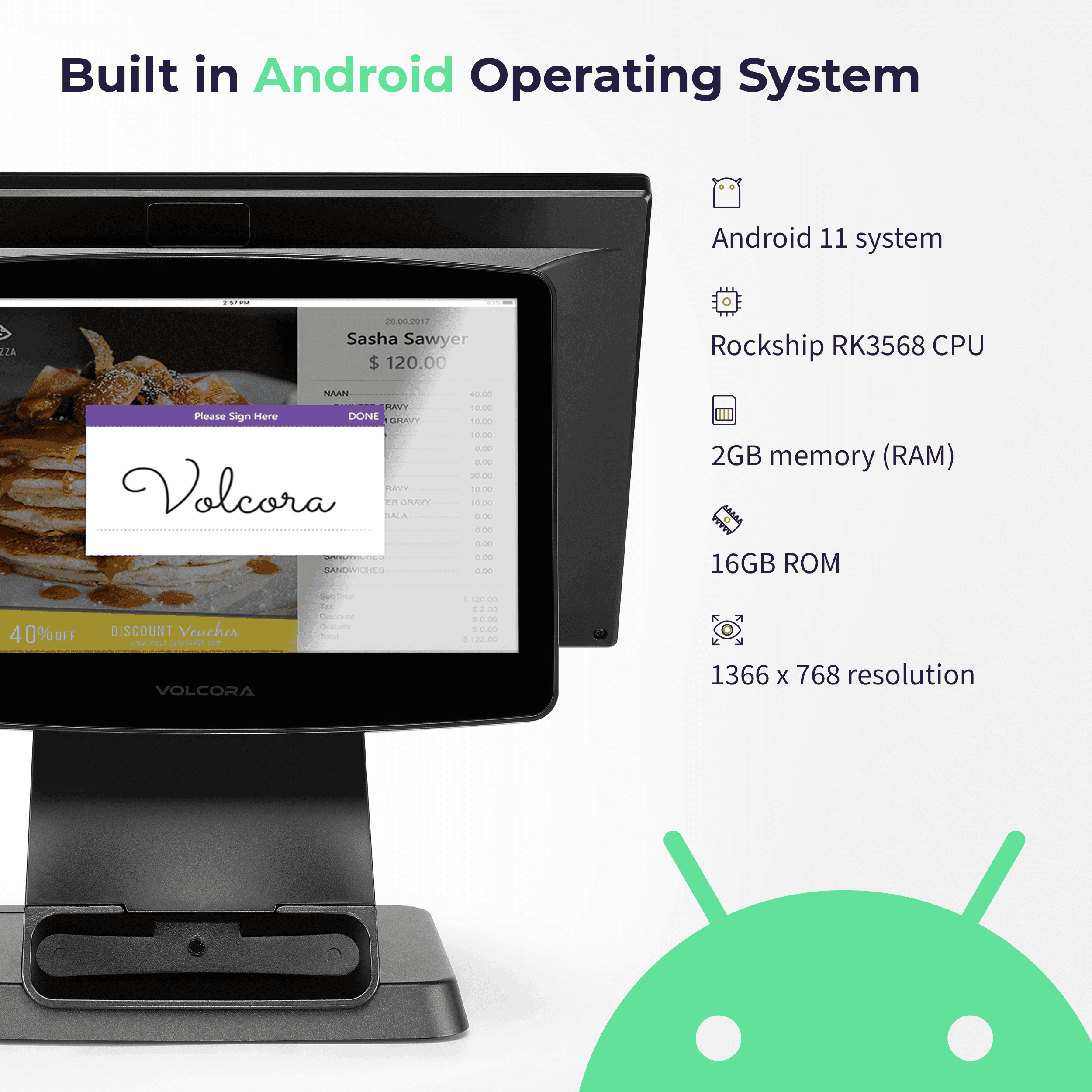 Dual Screen 15.6" plus 11" Customer Facing Touch Screens Android 14 POS Terminal. Rockchip RK3576 CPU, 8GB Memory, 64GB Hard Disk 7